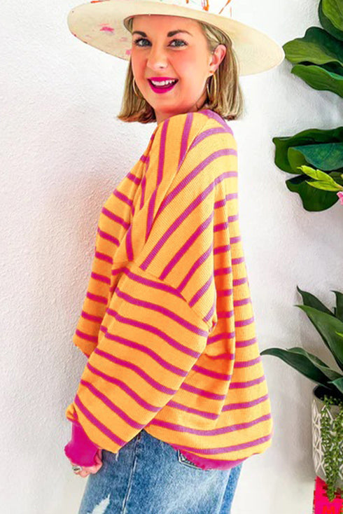 Stripe Trimmed Round Neck Drop Shoulder Loose Sweater